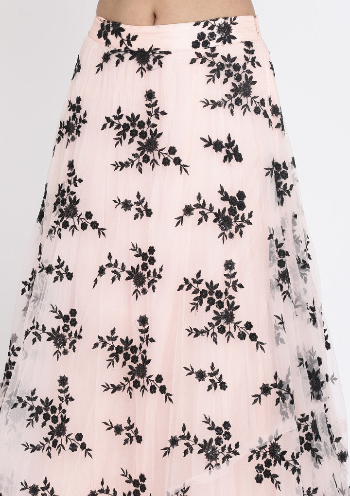 Baby Pink And Black Applique Net Designer Lehenga - koskii