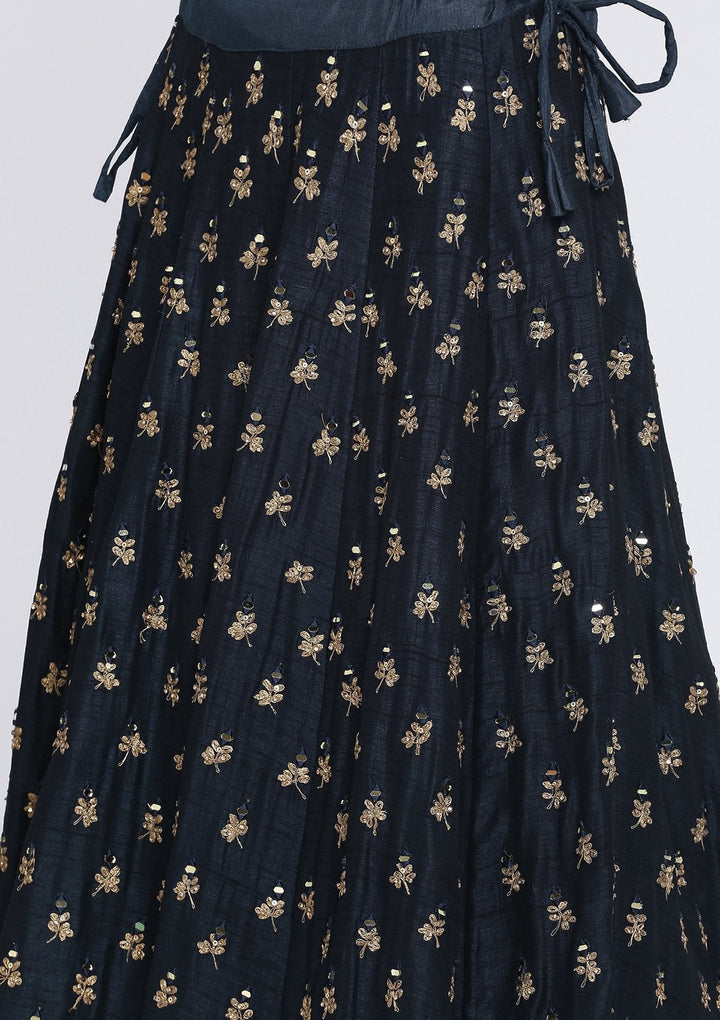 Navy Blue Mirrorwork Net Designer Lehenga-Koskii
