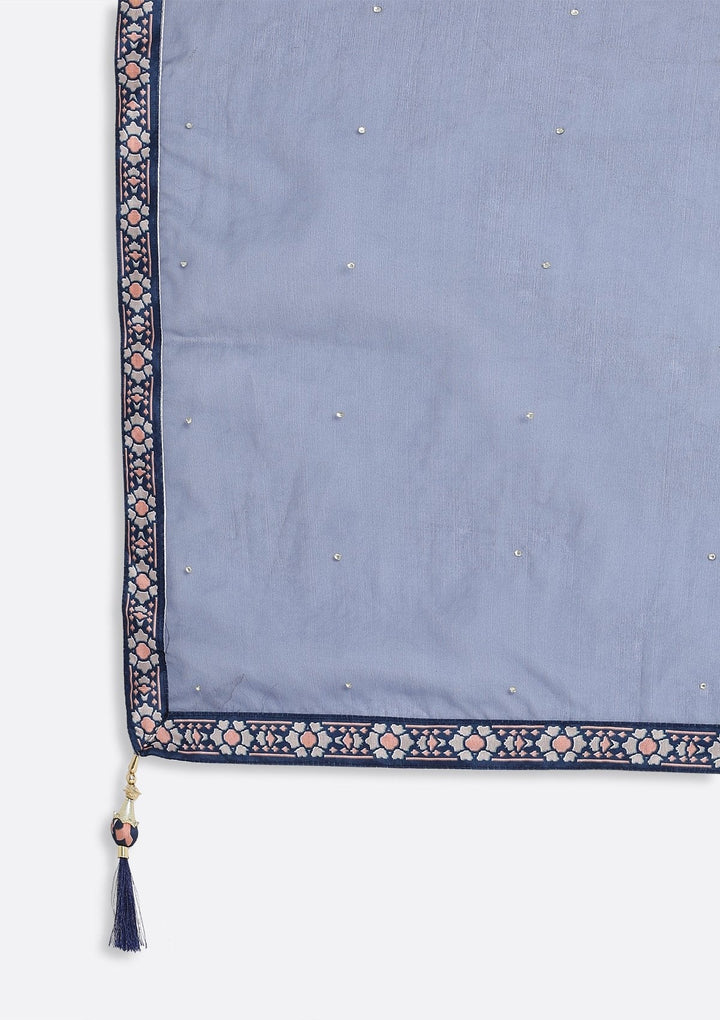 Navy Blue Printed Raw Silk Designer Lehenga - koskii