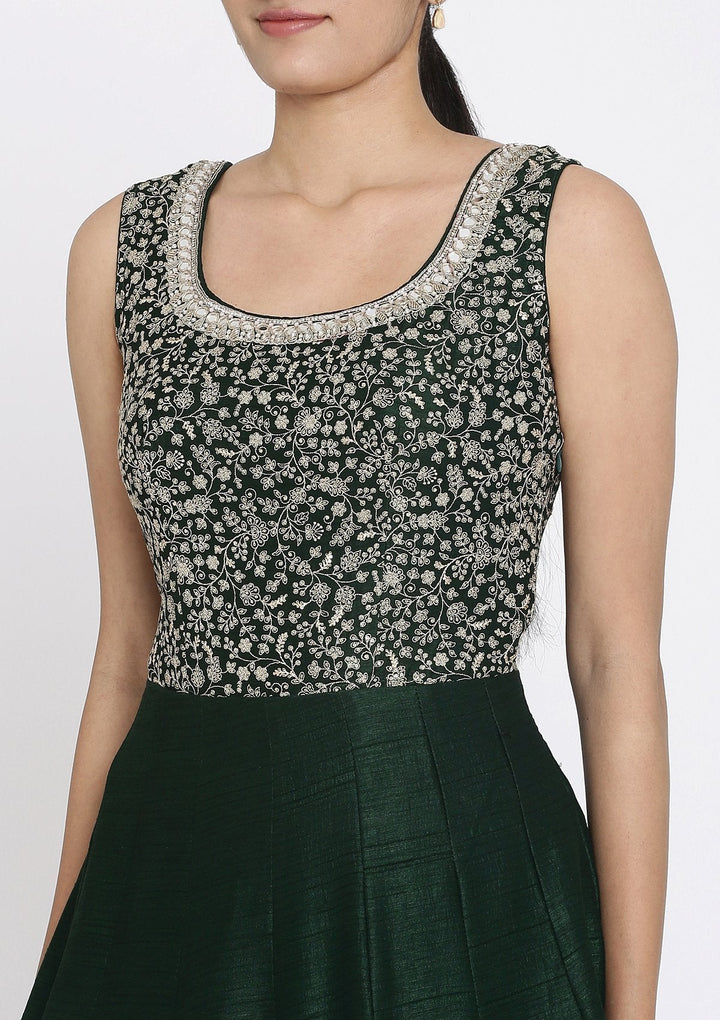 Bottle Green Zariwork Raw Silk Designer Gown - koskii