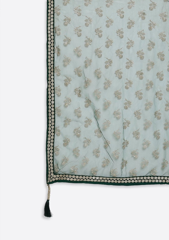 Bottle Green Zariwork Raw Silk Designer Gown - koskii