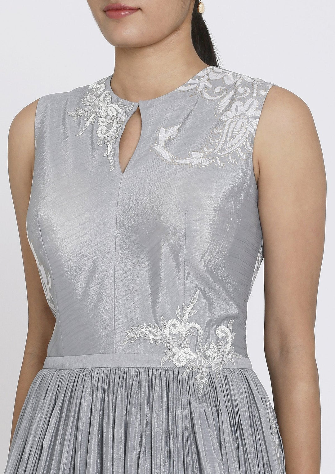 Light Grey Cutdana Satin Designer Gown - koskii
