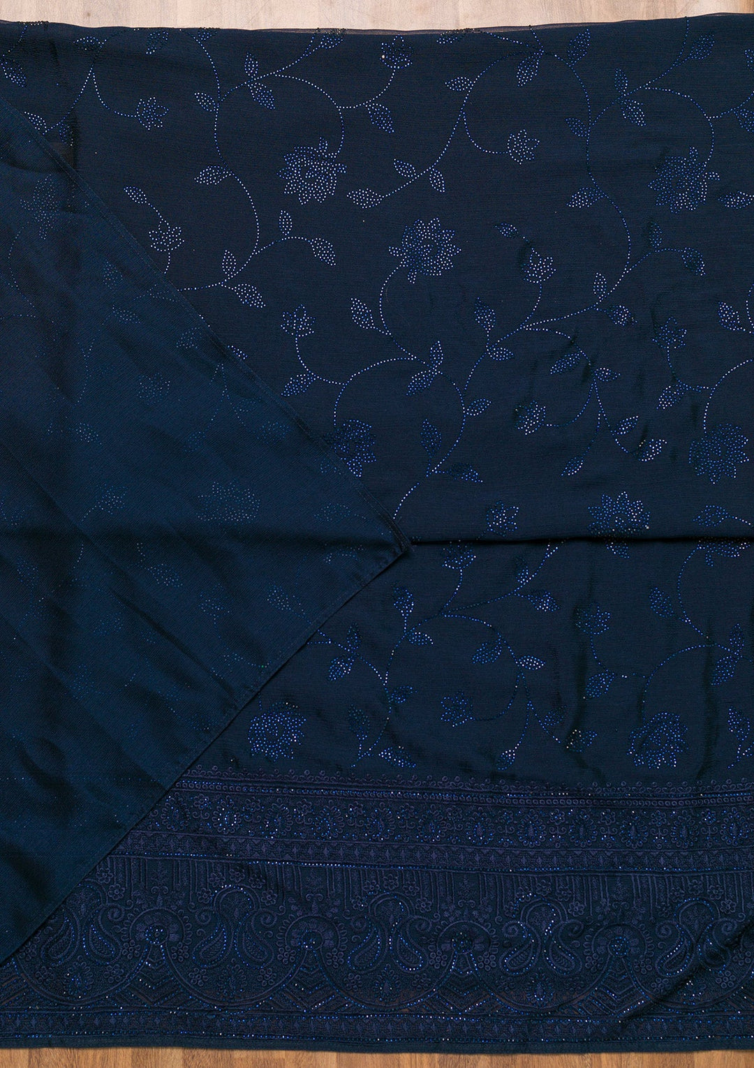 Navy Blue Swarovski Chiffon Unstitched Salwar Suit-Koskii