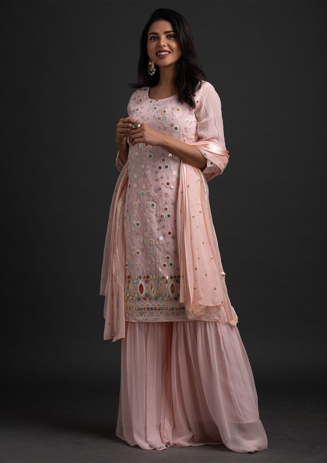 Baby Pink Sequins Georgette Designer Salwar Suit - koskii