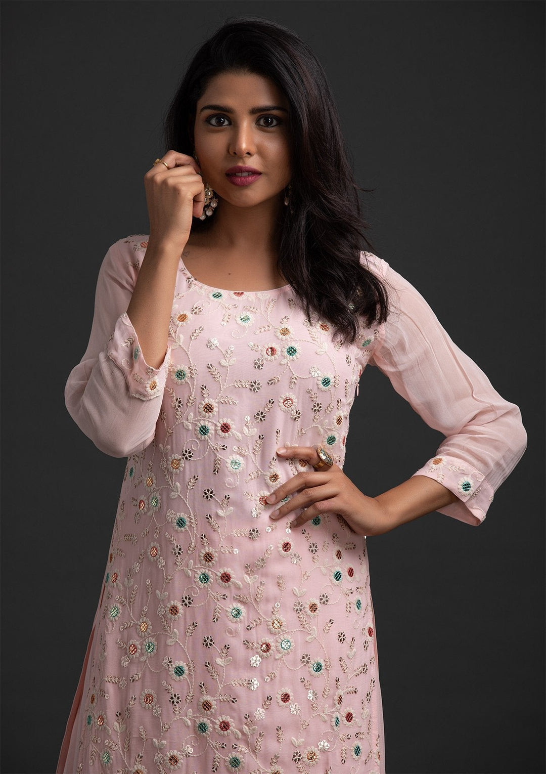 Baby Pink Sequins Georgette Designer Salwar Suit - koskii