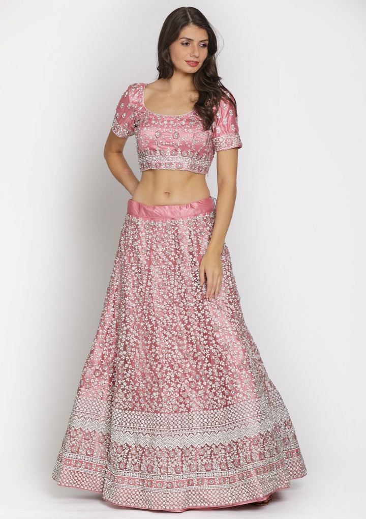 Baby Pink Silver Stonework Net Designer Lehenga - koskii