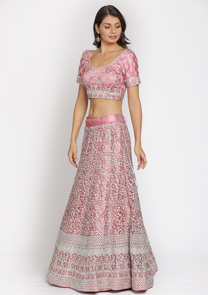 Baby Pink Silver Stonework Net Designer Lehenga - koskii