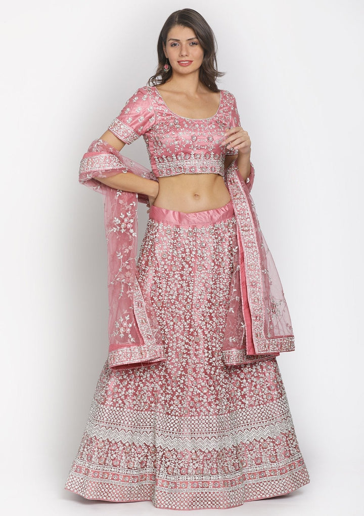 Baby Pink Silver Stonework Net Designer Lehenga - koskii