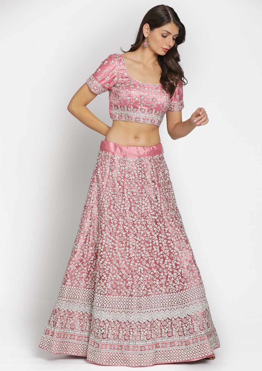 Baby Pink Silver Stonework Net Designer Lehenga - koskii