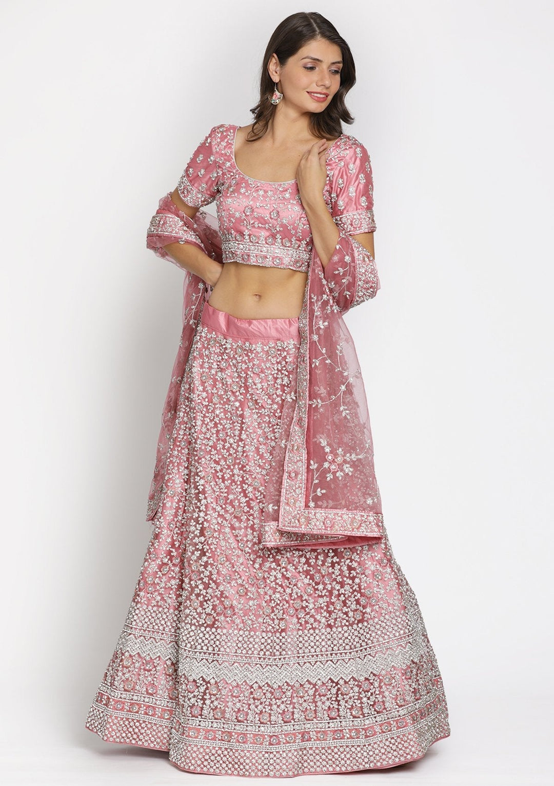 Baby Pink Silver Stonework Net Designer Lehenga - koskii