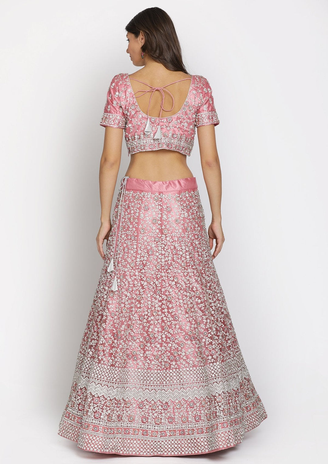 Baby Pink Silver Stonework Net Designer Lehenga - koskii