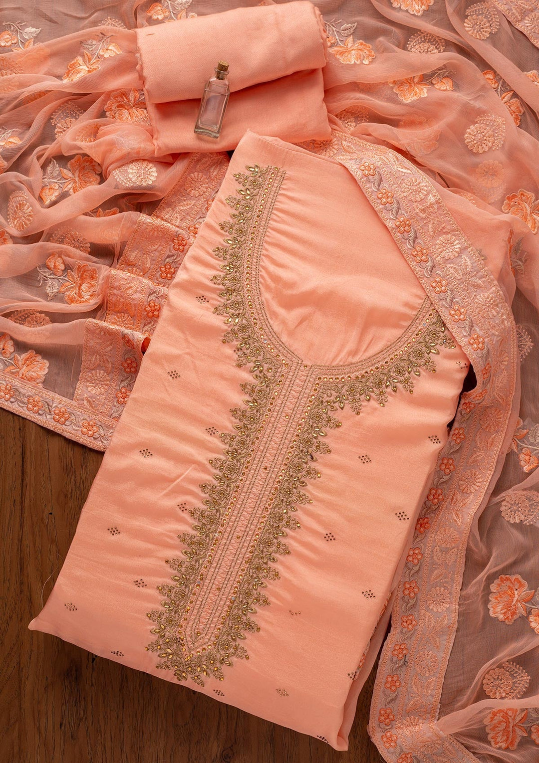 Baby Pink Stonework Art Silk Designer Unstitched Salwar Suit - koskii