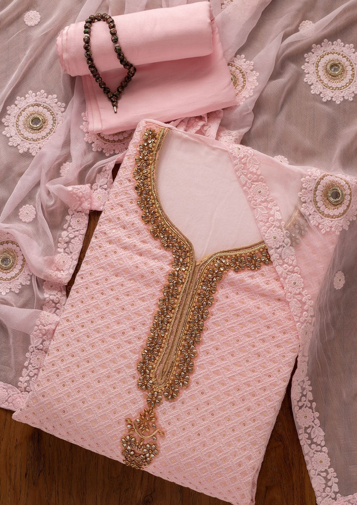 Baby Pink Stonework Georgette Designer Unstitched Salwar Suit - koskii