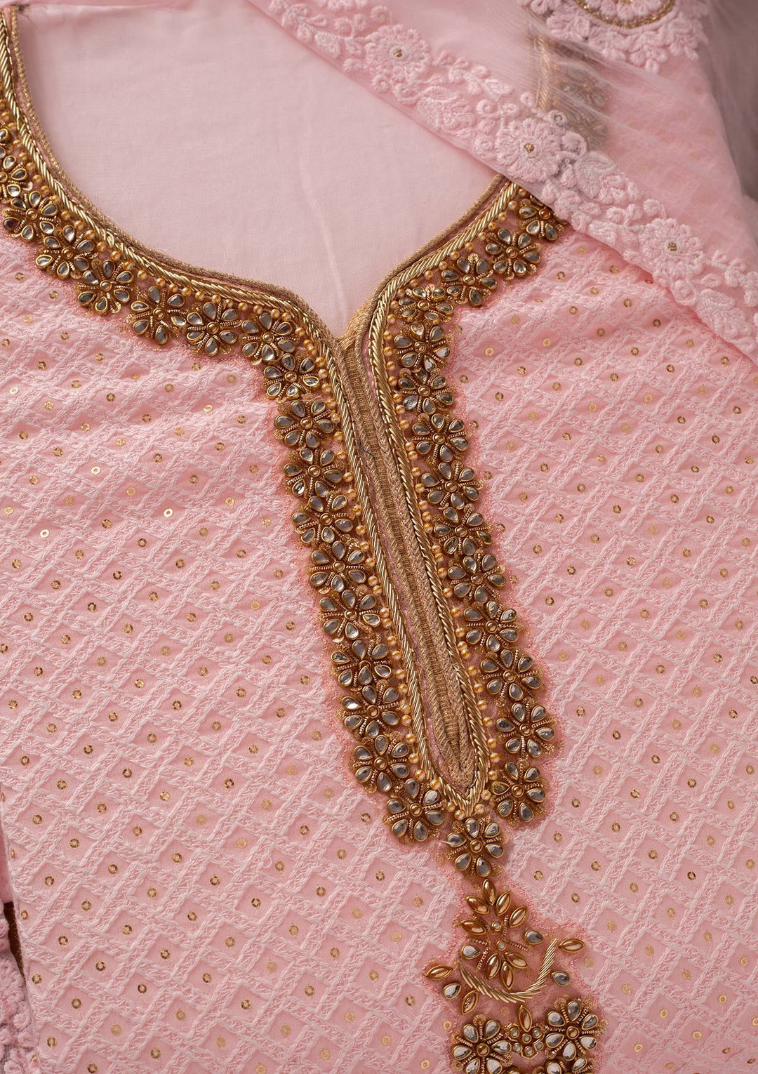 Baby Pink Stonework Georgette Designer Unstitched Salwar Suit - koskii