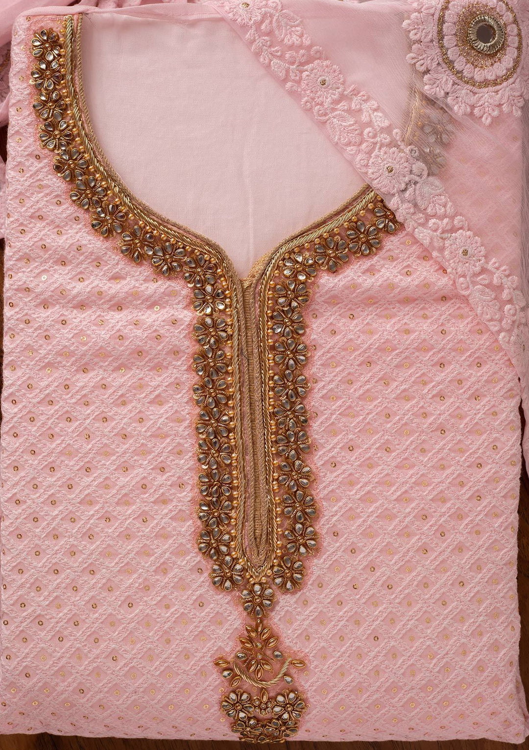 Baby Pink Stonework Georgette Designer Unstitched Salwar Suit - koskii