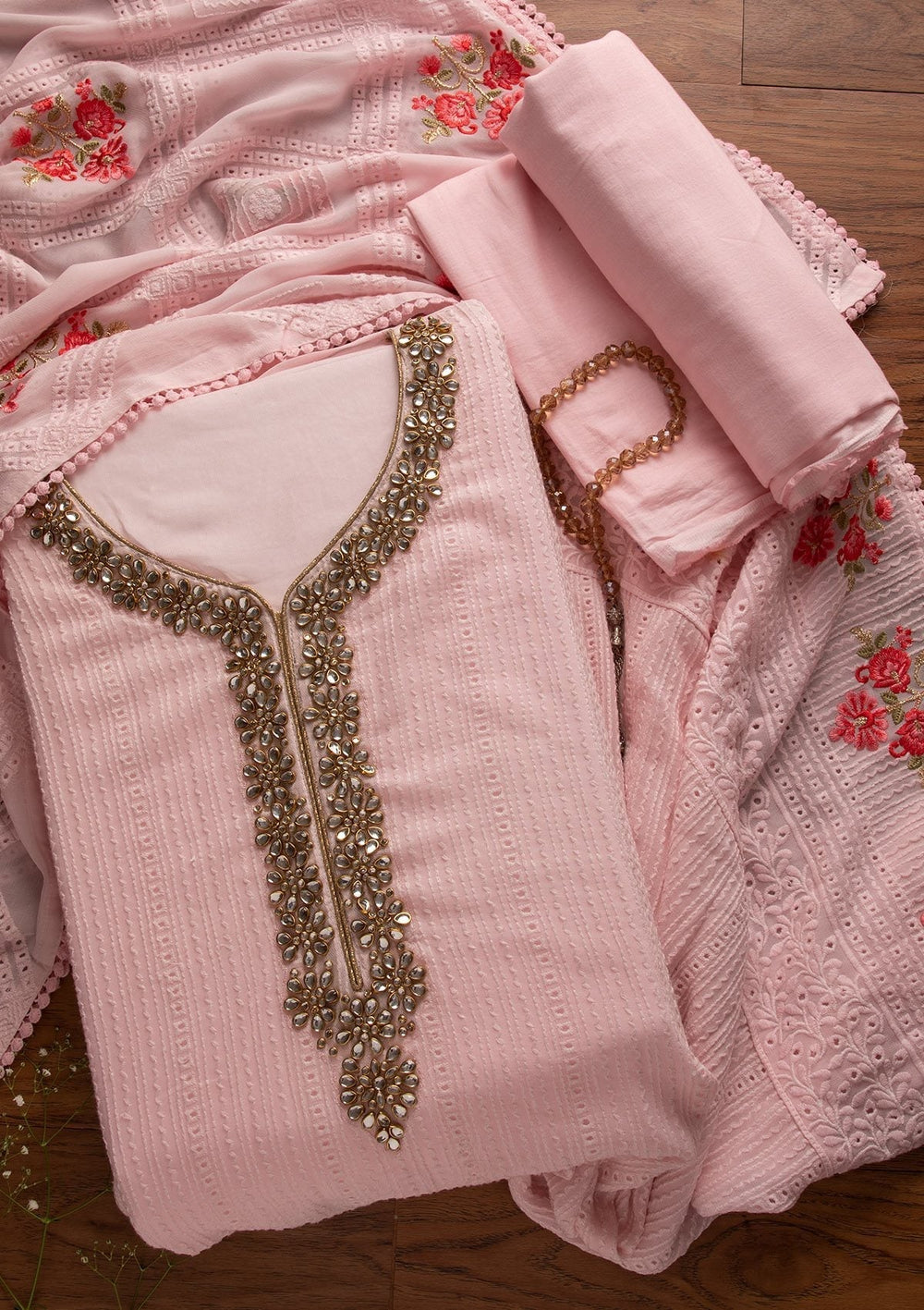 Baby Pink Stonework Georgette Designer Unstitched Salwar Suit - koskii