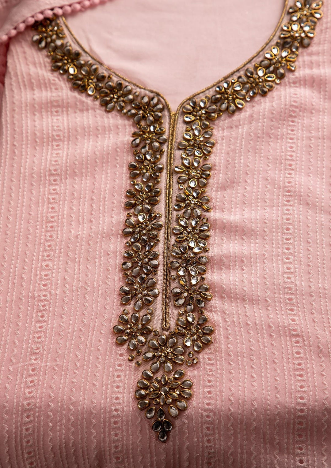 Baby Pink Stonework Georgette Designer Unstitched Salwar Suit - koskii