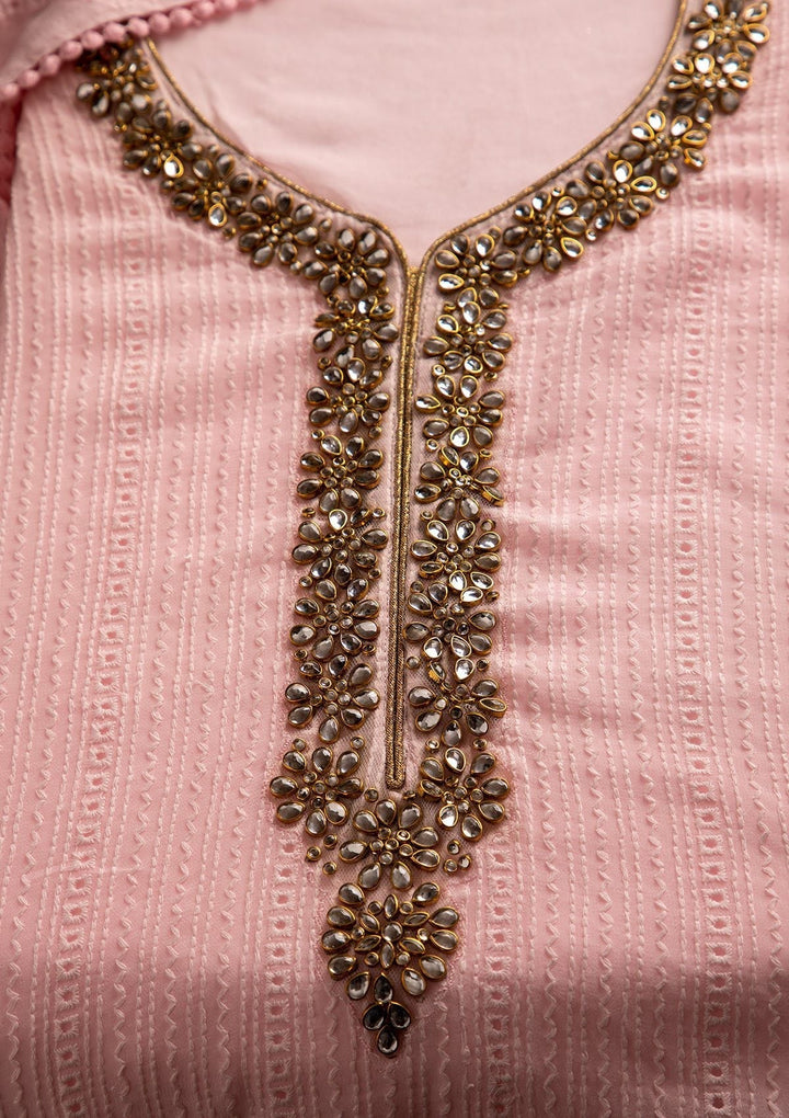 Baby Pink Stonework Georgette Designer Unstitched Salwar Suit - koskii