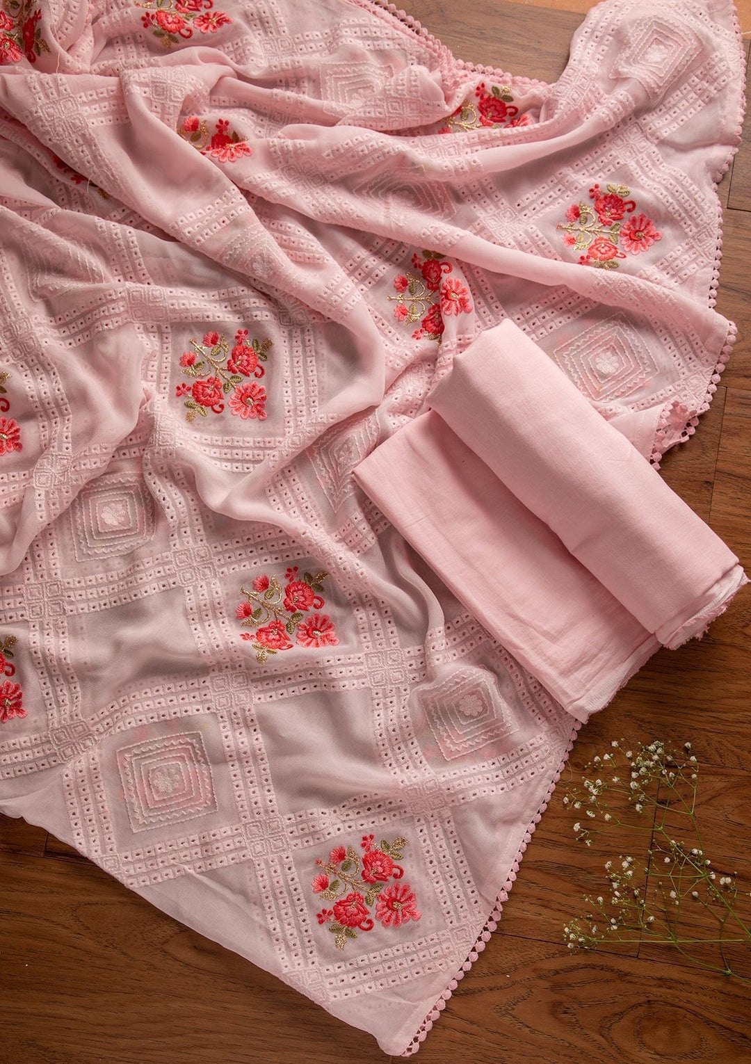 Baby Pink Stonework Georgette Designer Unstitched Salwar Suit - koskii