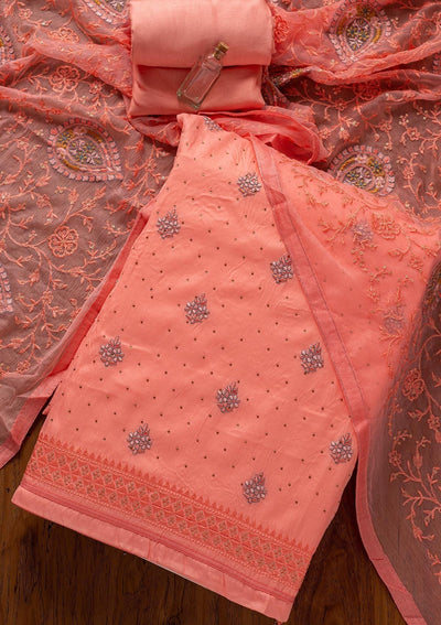 Baby Pink Threadwork Art Silk Designer Unstitched Salwar Suit - koskii