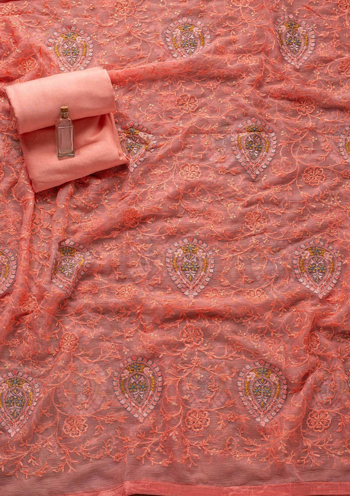 Baby Pink Threadwork Art Silk Designer Unstitched Salwar Suit - koskii