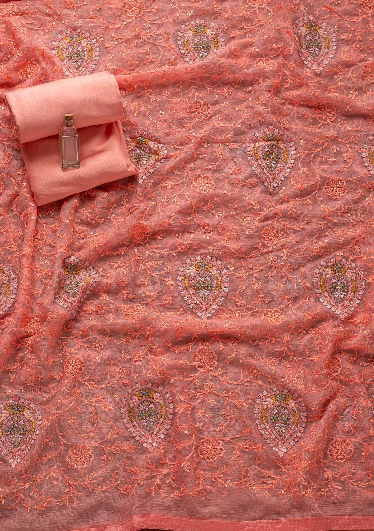 Baby Pink Threadwork Art Silk Designer Unstitched Salwar Suit - koskii