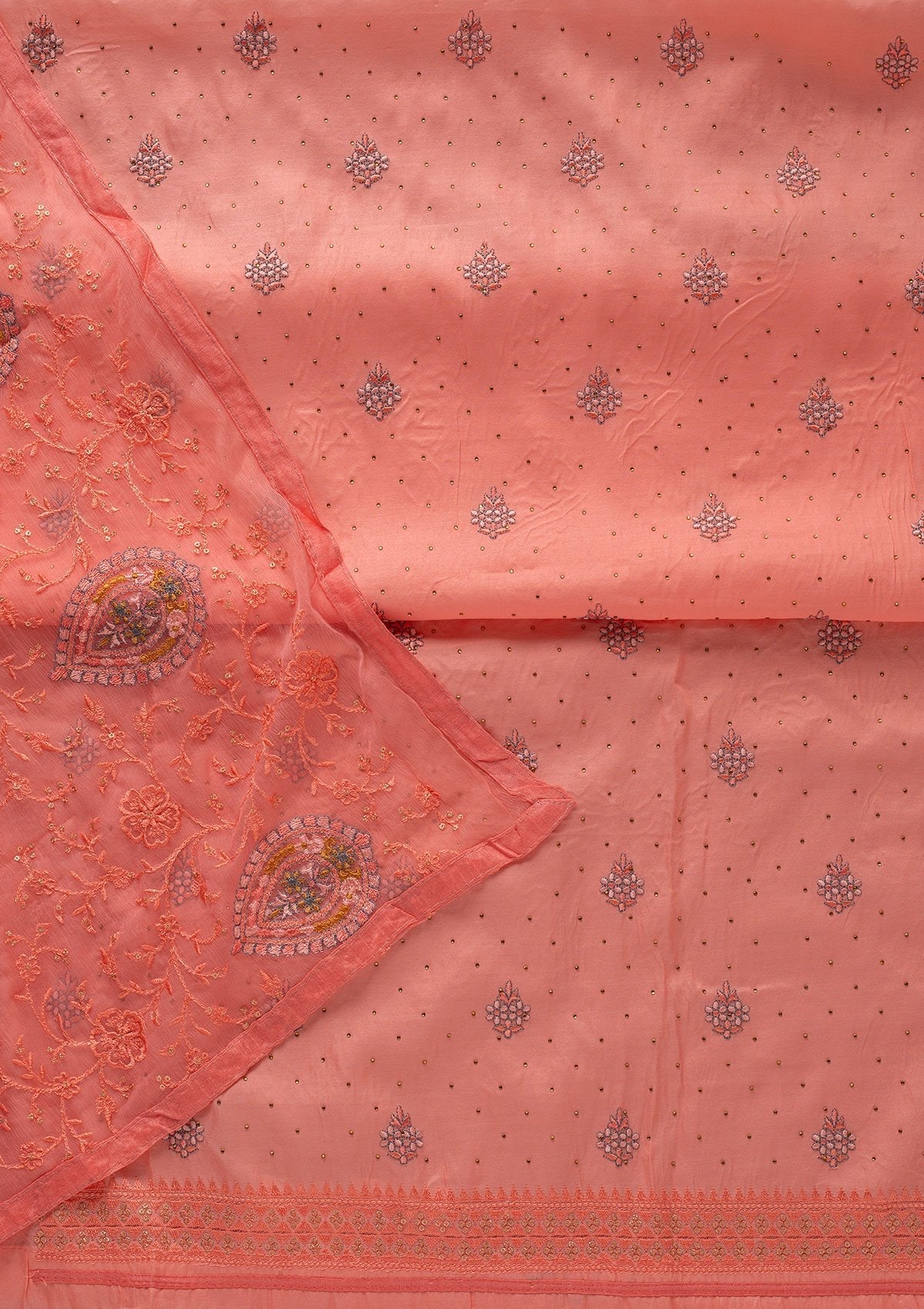 Baby Pink Threadwork Art Silk Designer Unstitched Salwar Suit - koskii