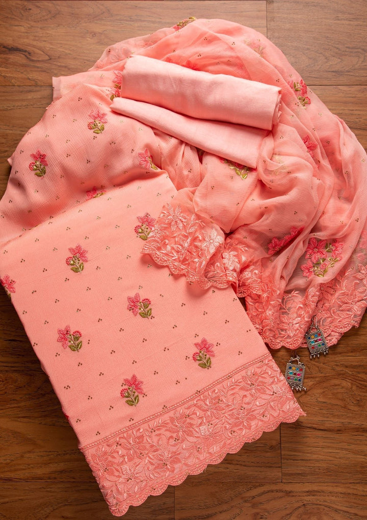 Baby Pink Threadwork Chiffon Designer Unstitched Salwar Suit - koskii