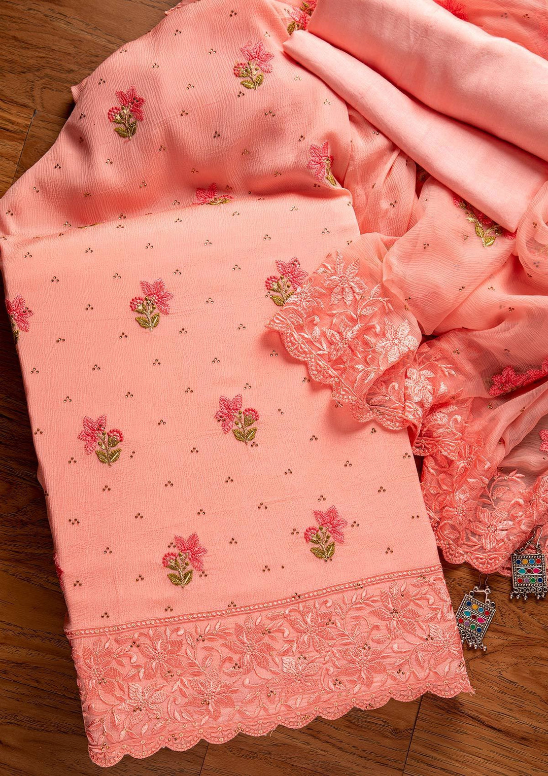 Baby Pink Threadwork Chiffon Designer Unstitched Salwar Suit - koskii