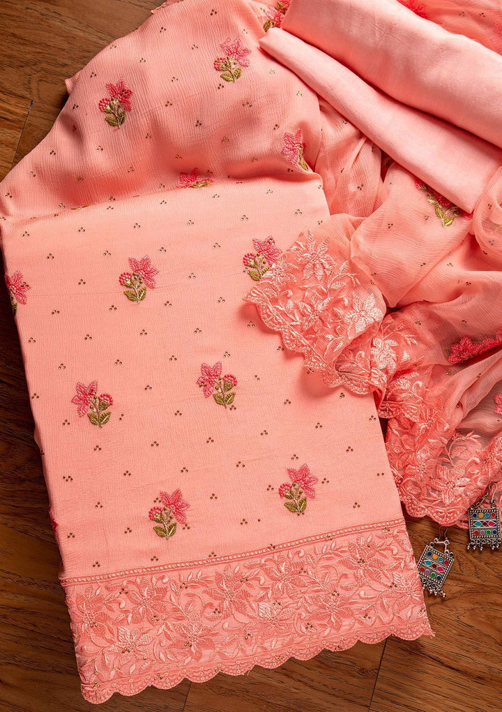 Baby Pink Threadwork Chiffon Designer Unstitched Salwar Suit - koskii