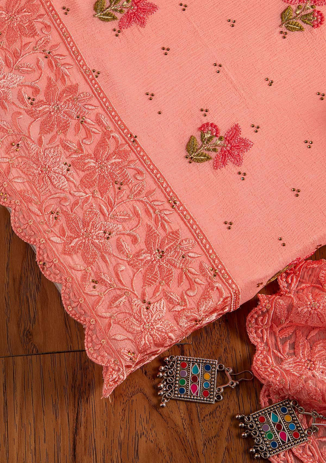 Baby Pink Threadwork Chiffon Designer Unstitched Salwar Suit - koskii