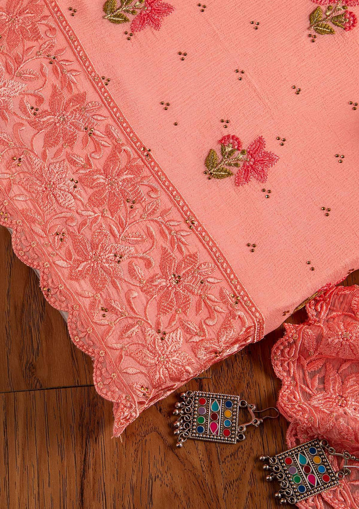 Baby Pink Threadwork Chiffon Designer Unstitched Salwar Suit - koskii