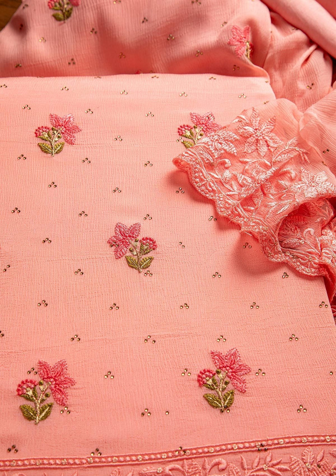 Baby Pink Threadwork Chiffon Designer Unstitched Salwar Suit - koskii