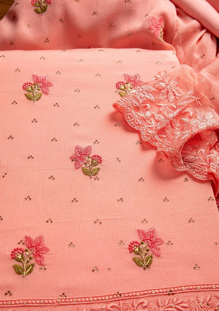 Baby Pink Threadwork Chiffon Designer Unstitched Salwar Suit - koskii