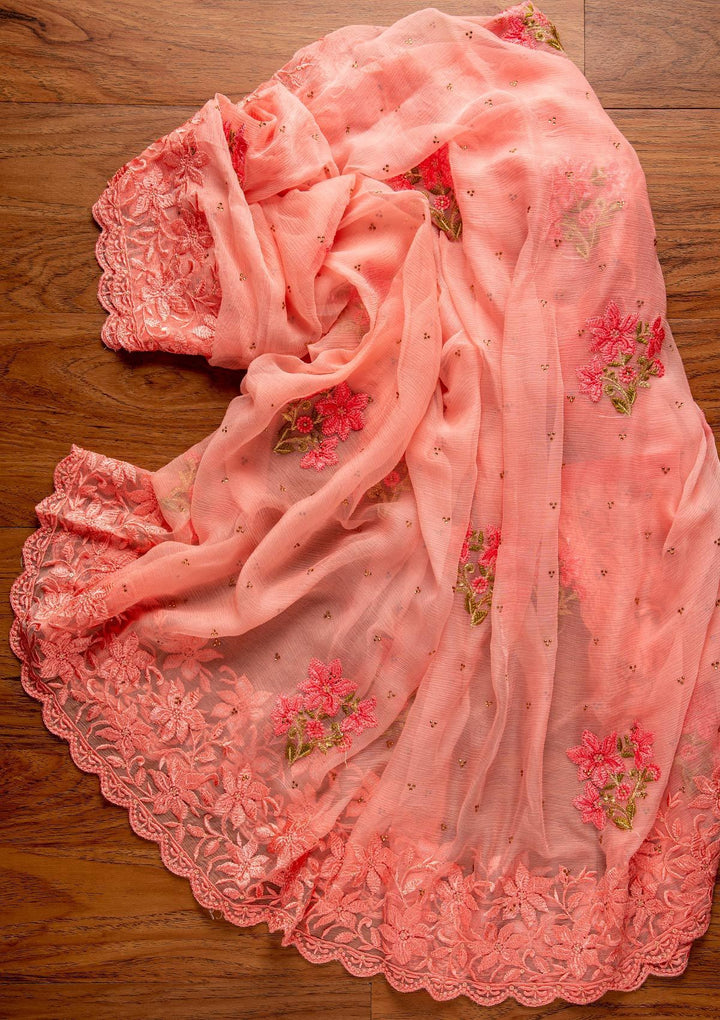 Baby Pink Threadwork Chiffon Designer Unstitched Salwar Suit - koskii