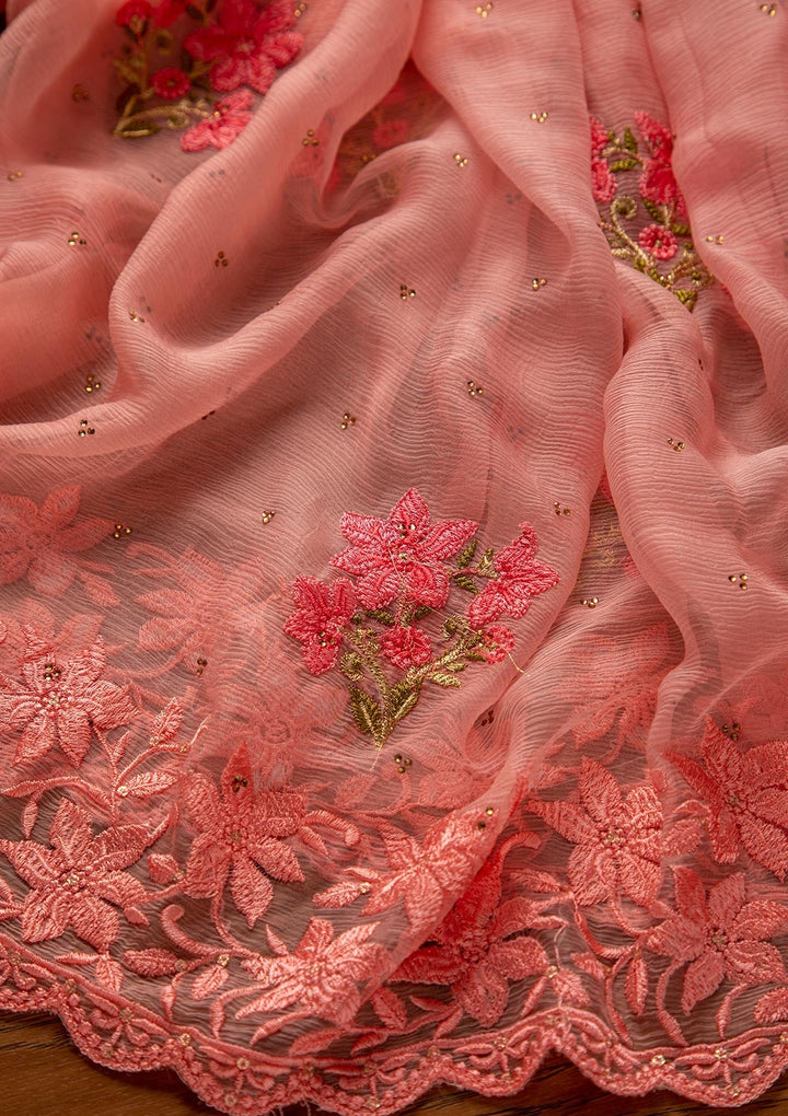 Baby Pink Threadwork Chiffon Designer Unstitched Salwar Suit - koskii