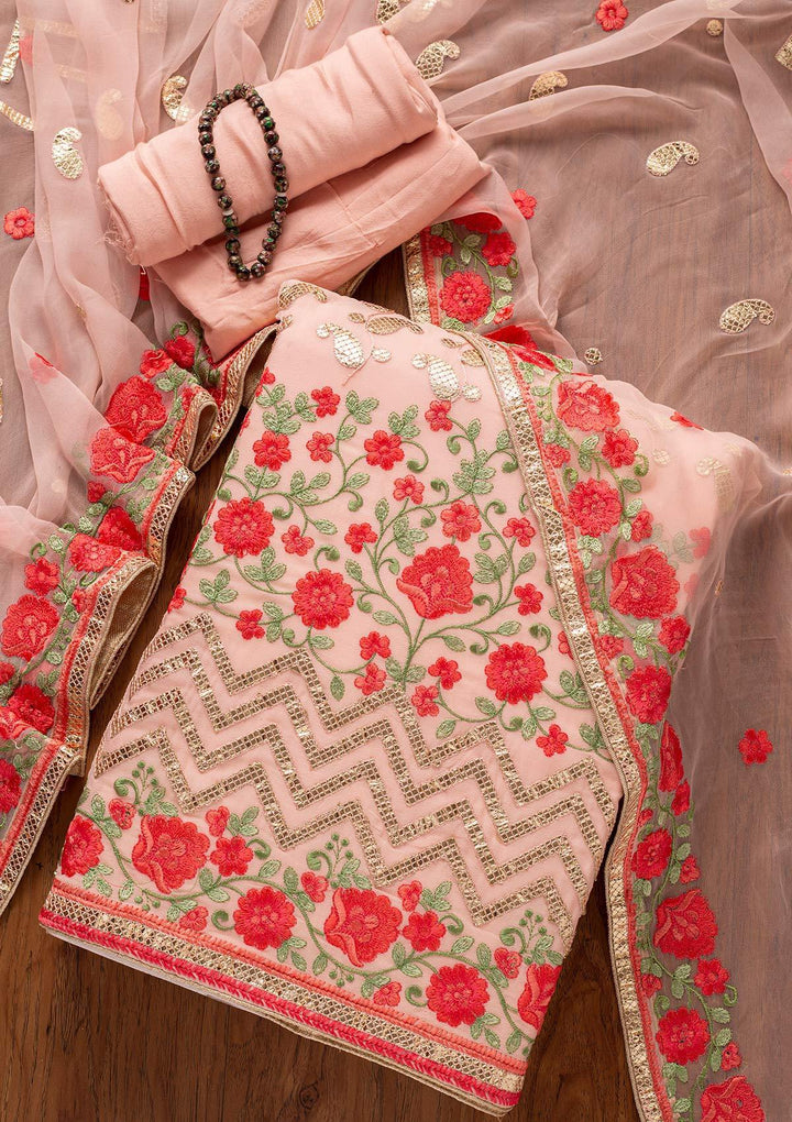 Baby Pink Threadwork Georgette Designer Unstitched Salwar Suit - koskii