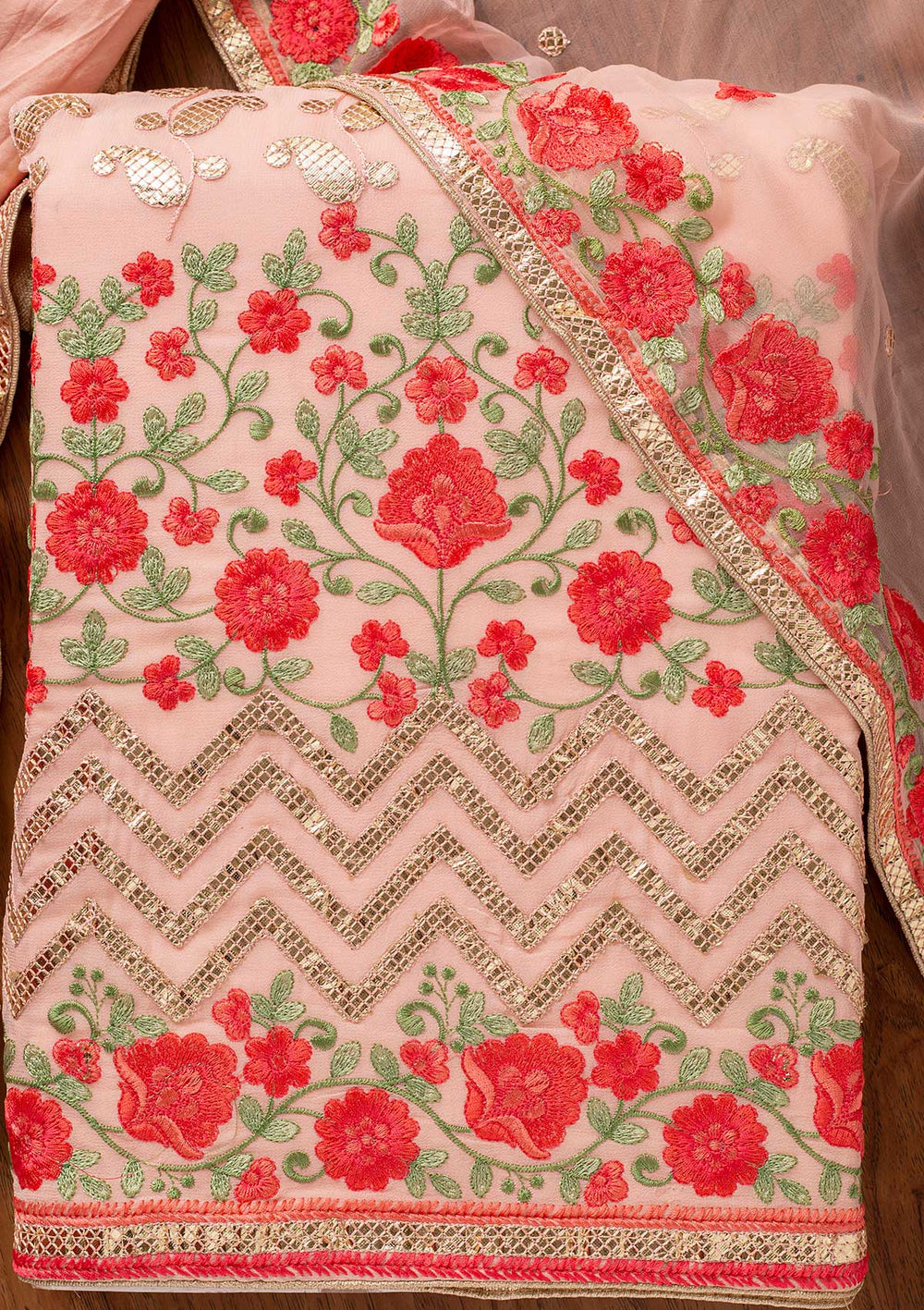 Baby Pink Threadwork Georgette Designer Unstitched Salwar Suit - koskii
