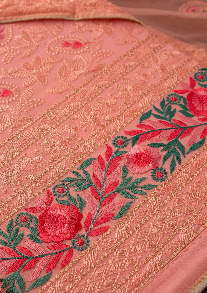Baby Pink Threadwork Georgette Designer Unstitched Salwar Suit - koskii