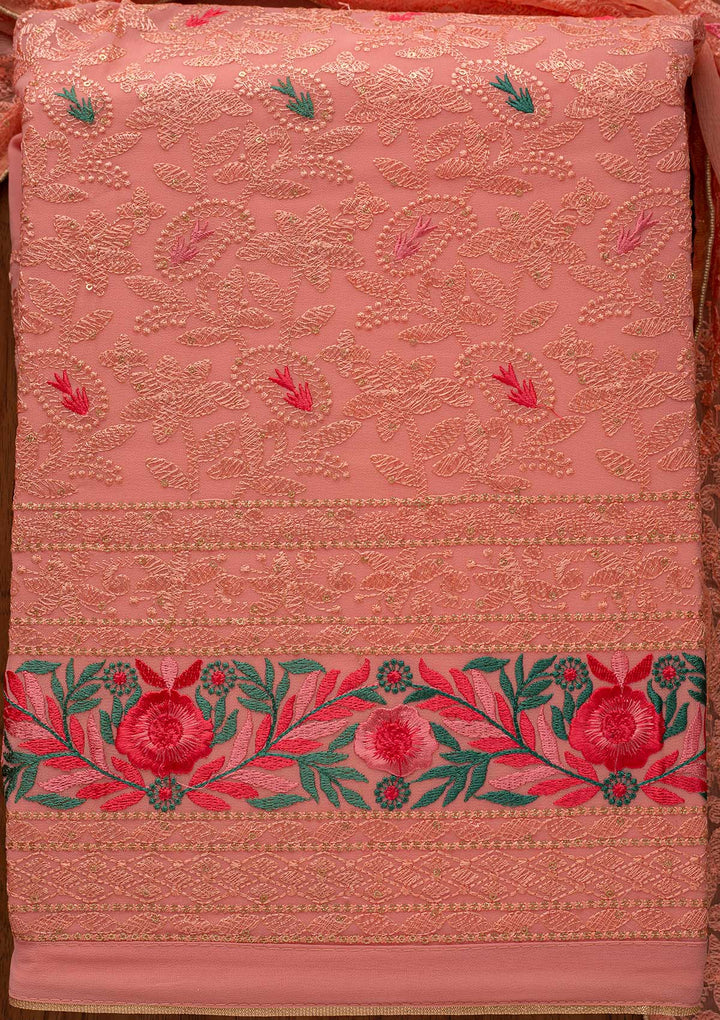 Baby Pink Threadwork Georgette Designer Unstitched Salwar Suit - koskii