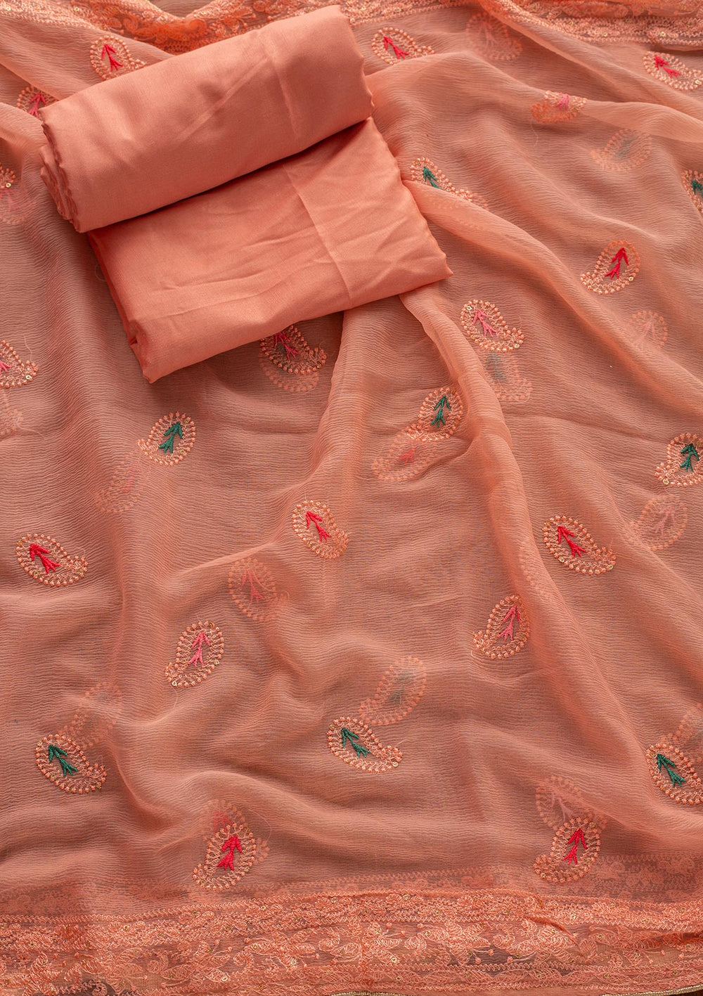 Baby Pink Threadwork Georgette Designer Unstitched Salwar Suit - koskii