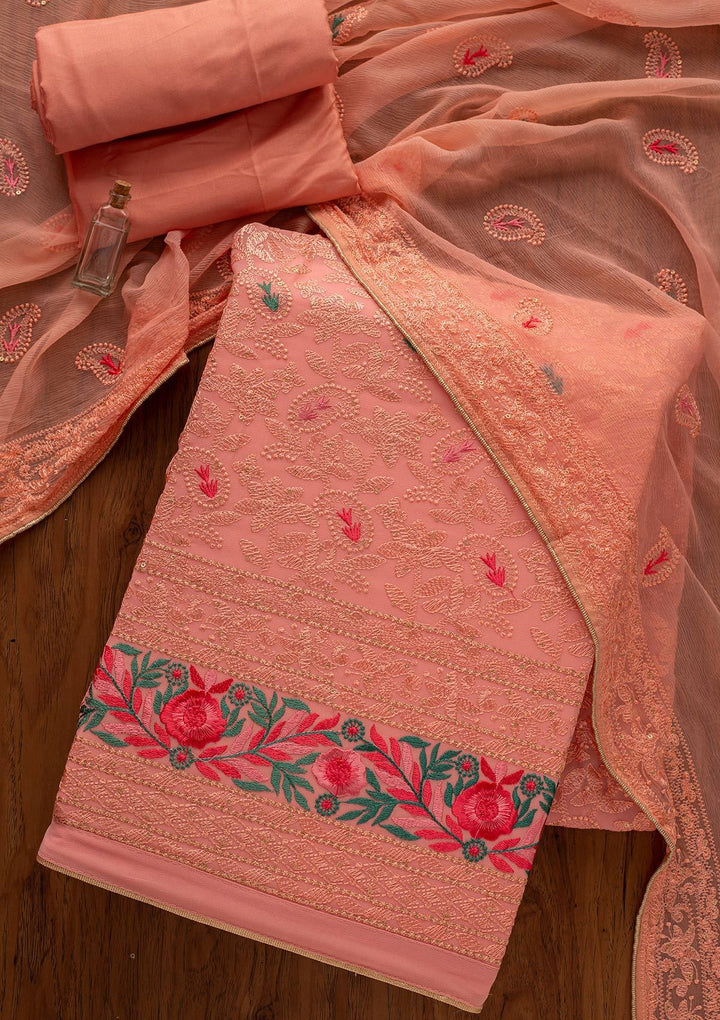 Baby Pink Threadwork Georgette Designer Unstitched Salwar Suit - koskii