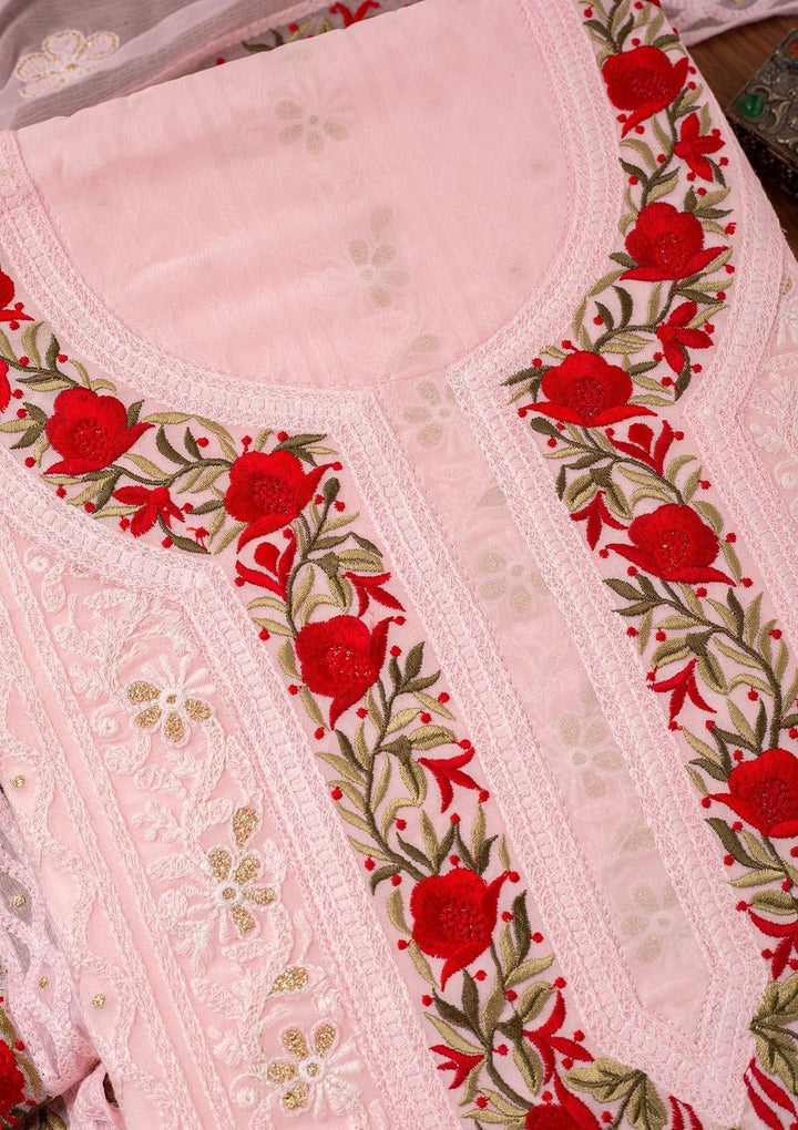 Baby Pink Threadwork Georgette Designer Unstitched Salwar Suit - koskii