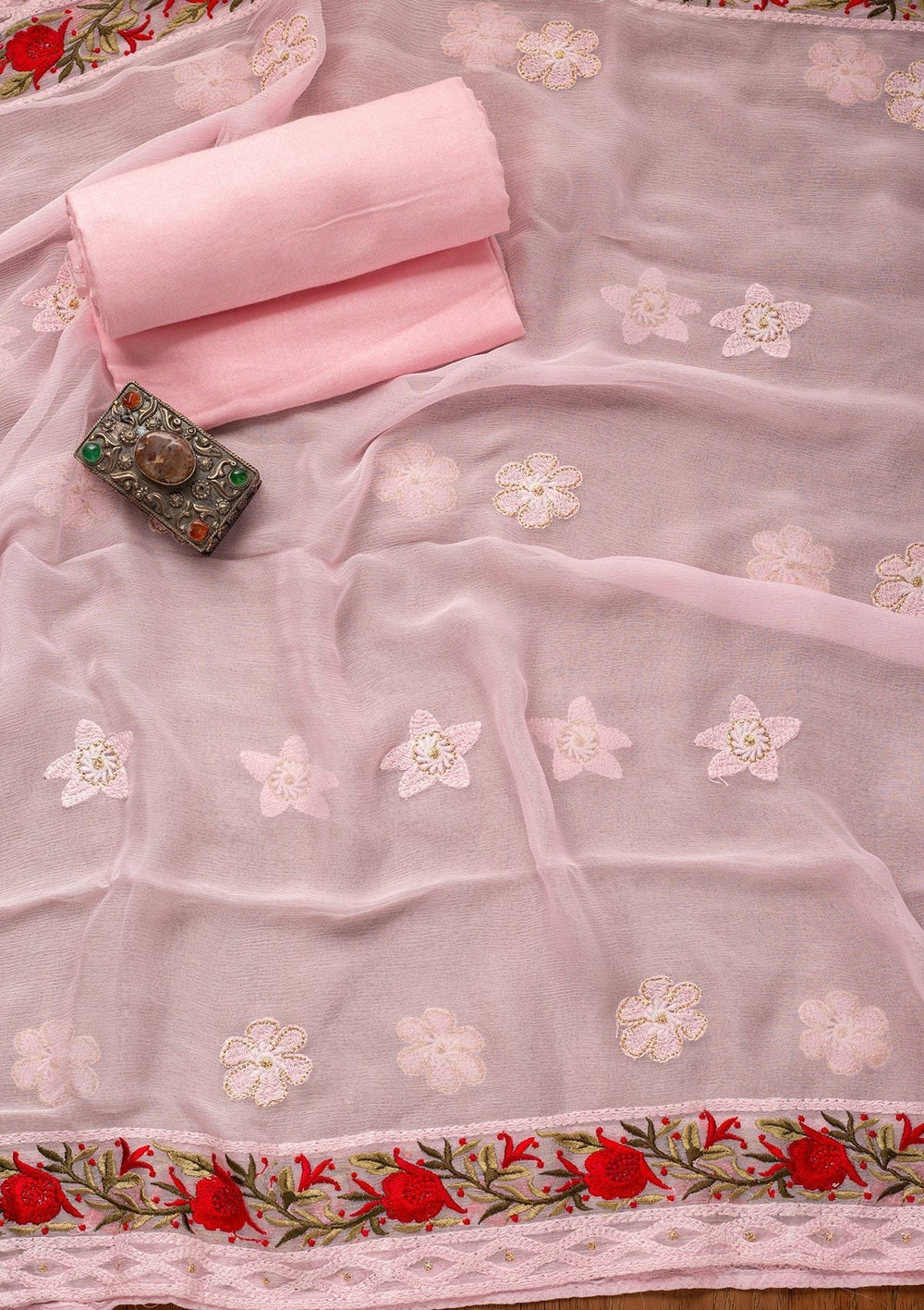 Baby Pink Threadwork Georgette Designer Unstitched Salwar Suit - koskii