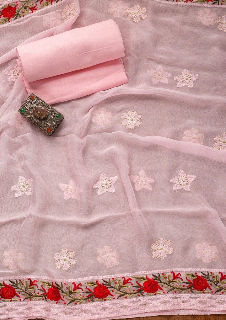 Baby Pink Threadwork Georgette Designer Unstitched Salwar Suit - koskii