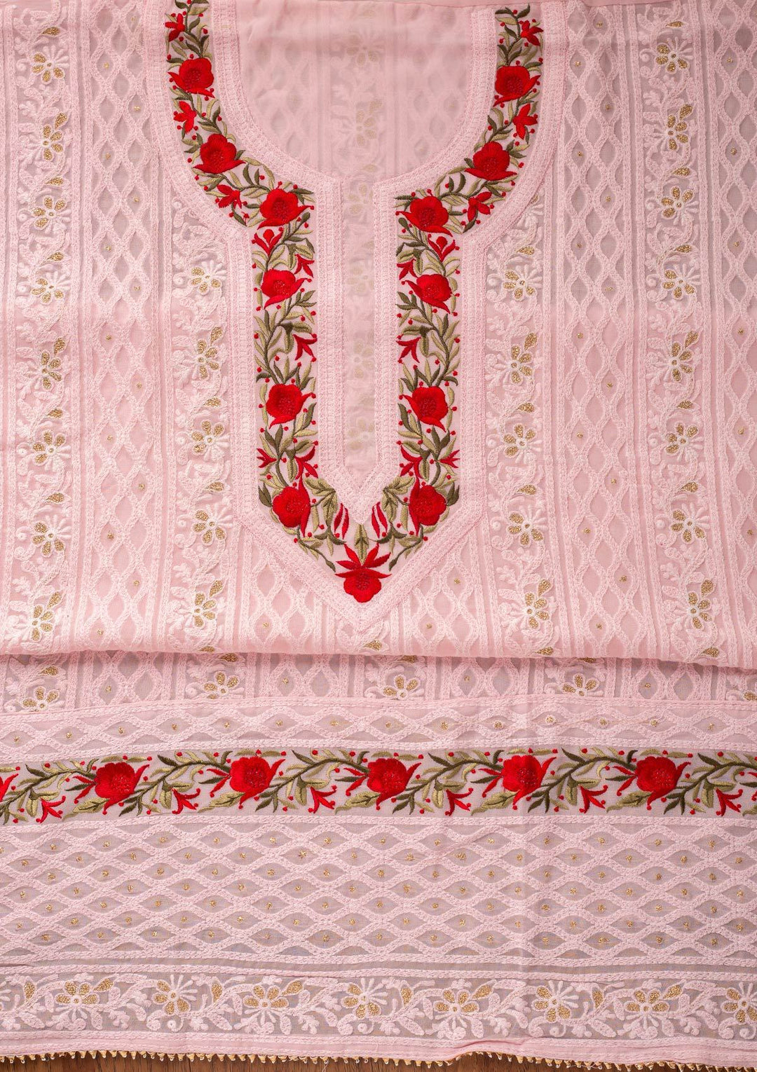 Baby Pink Threadwork Georgette Designer Unstitched Salwar Suit - koskii