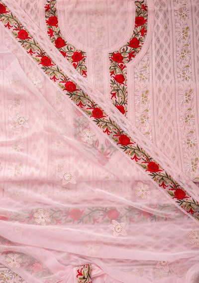 Baby Pink Threadwork Georgette Designer Unstitched Salwar Suit - koskii
