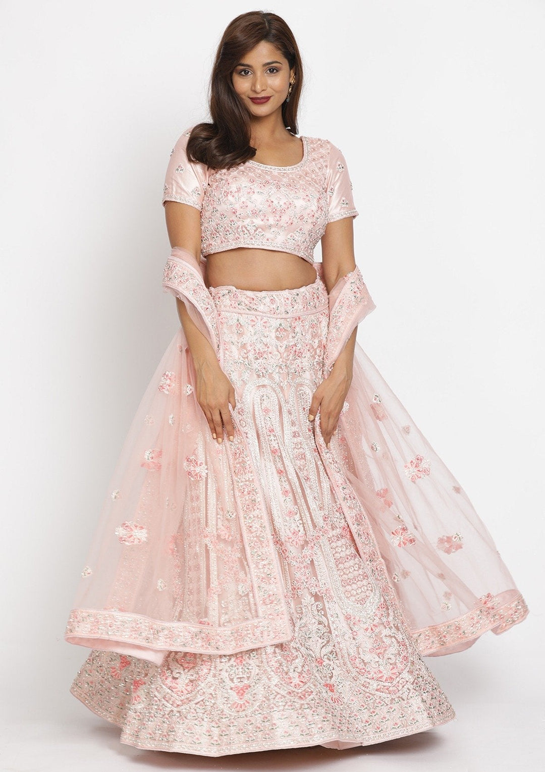 Baby Pink Threadwork Net Designer Semi-Stitched Lehenga - koskii