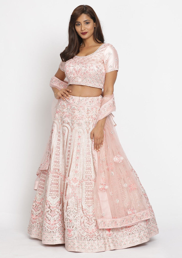 Baby Pink Threadwork Net Designer Semi-Stitched Lehenga - koskii