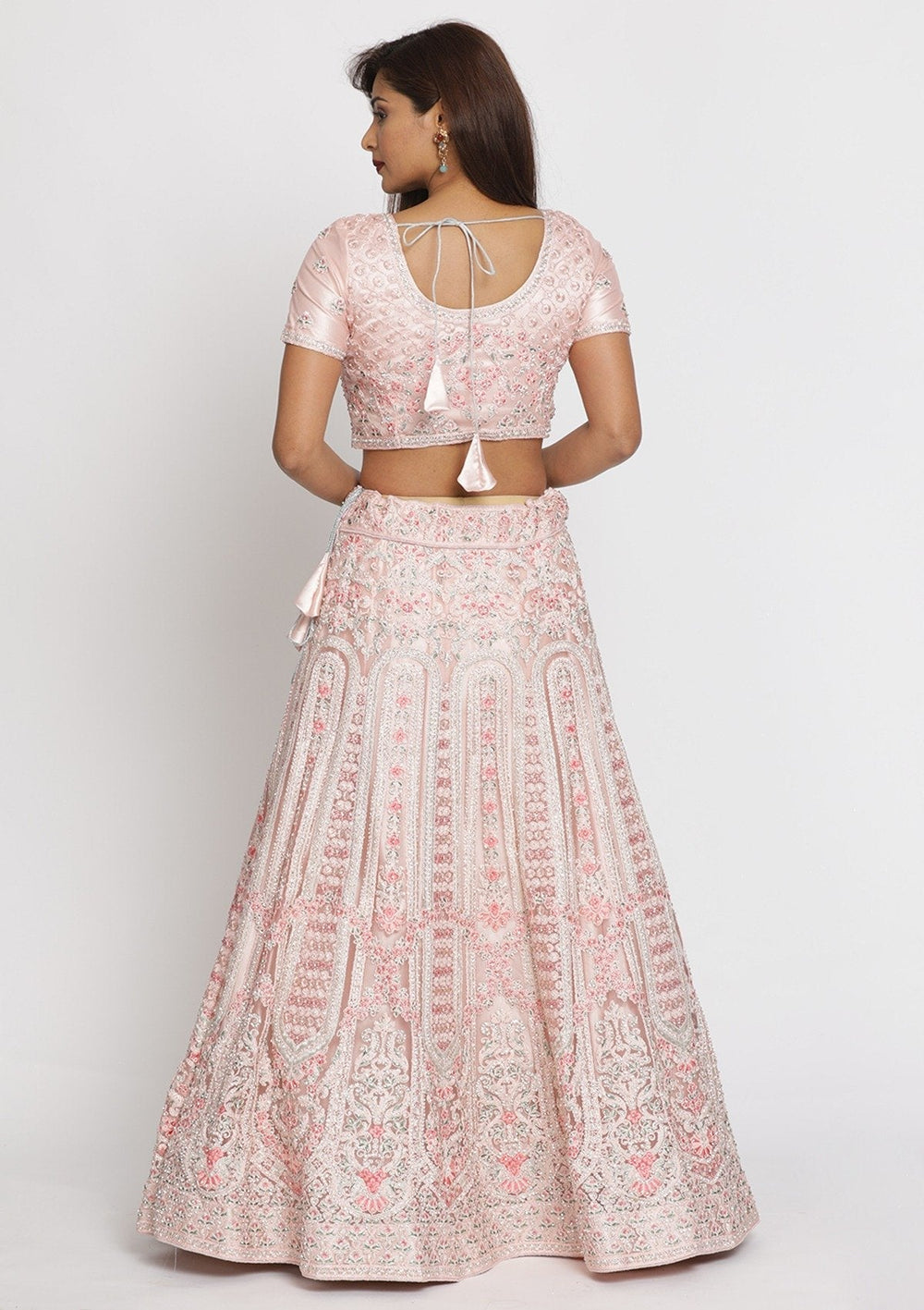 Baby Pink Threadwork Net Designer Semi-Stitched Lehenga - koskii